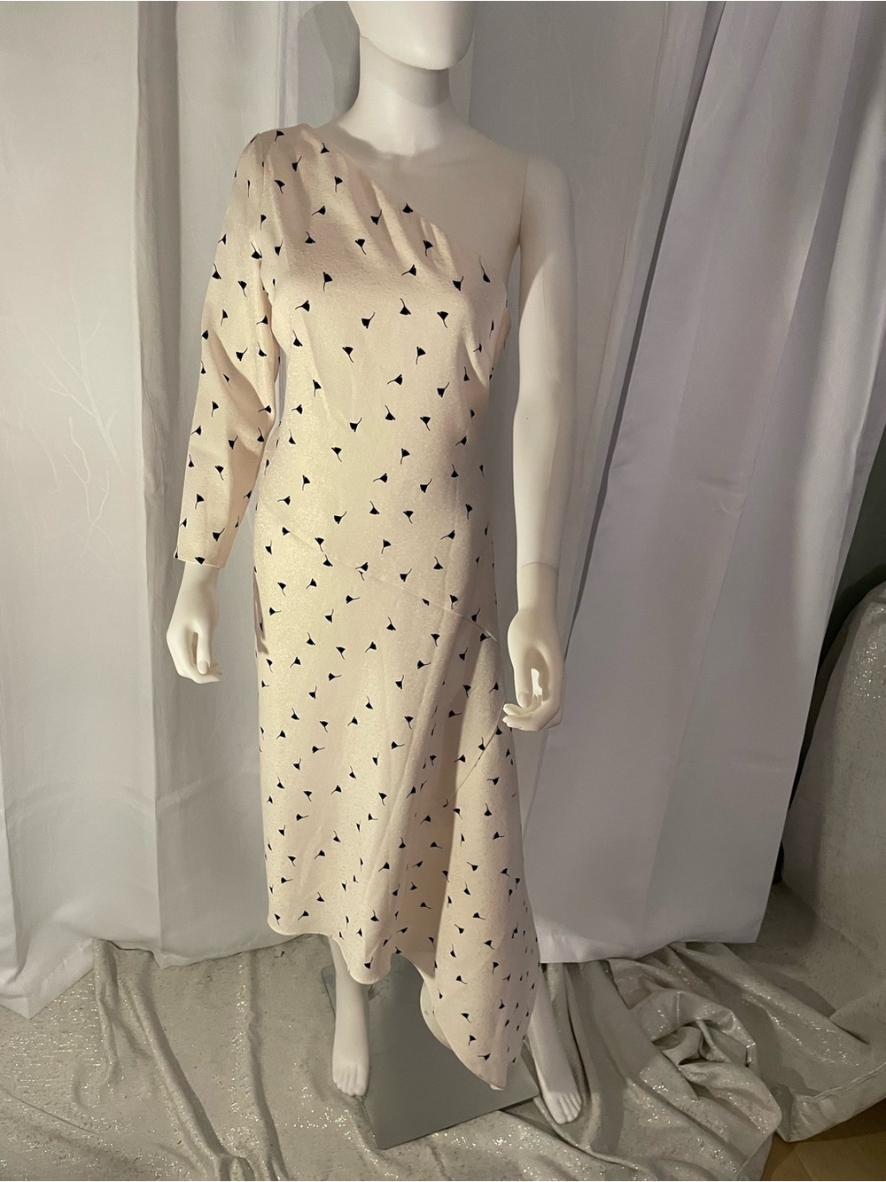 Mestiza New York Ivory Ginkgo Print One-Shoulder Midi Dress Sz 6